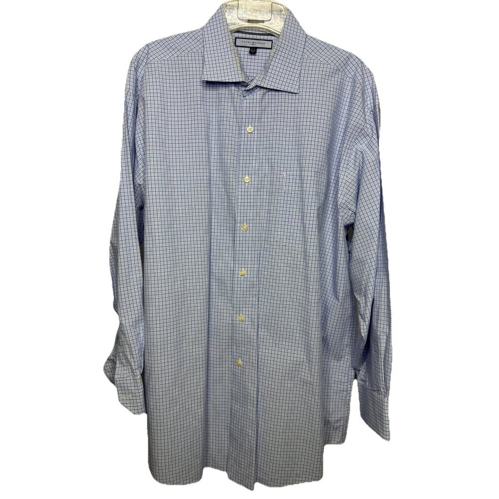 Tommy Hilfiger Mens XL Ithaca Dress Shirt 17.5‎ Blue Plaid Long Sleeve Regular